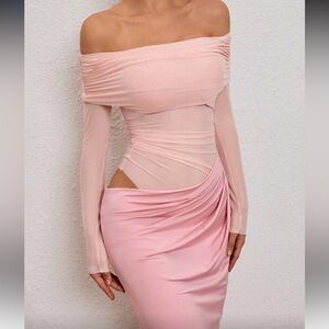 ❌ SOLD NWT Off-Shoulder Pink Ruched Mesh Bodycon Dress